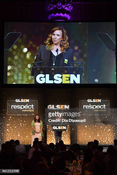 National Student Council Leader Soli Guzman and Melissa Dickson of Jacobs School of Music speak on stage at the GLSEN 2018 Respect Awards at Cipriani...