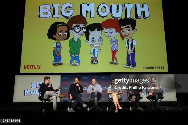 Ben Travers, Nick Kroll, Andrew Goldberg, Jessi Klein, Jason Mantzoukas, and John Mulaney speak onstage at the #NETFLIXFYSEE Animation Panel...