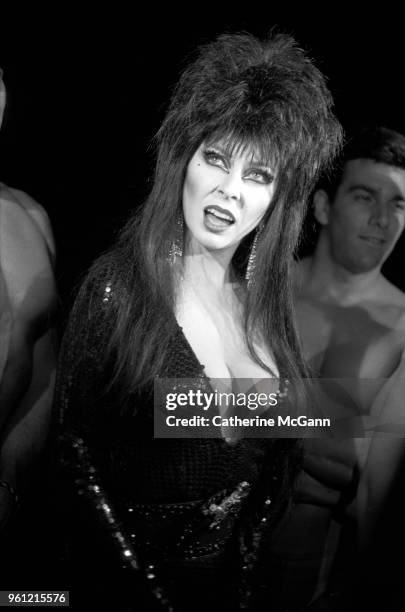 September 1988: American actress Cassandra Peterson, in character as Elvira, Mistress of the Dark at a party in September 1988 in New York City, New...