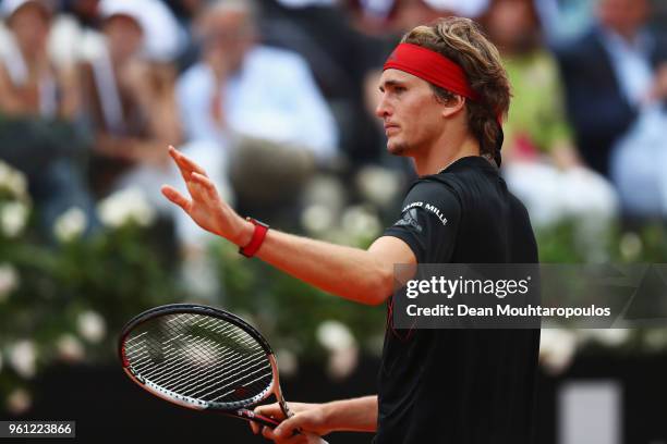 Alexander Zverev of Germany reacts to a call in his Mens Final match against Rafael Nadal of Spain during day 8 of the Internazionali BNL d'Italia...