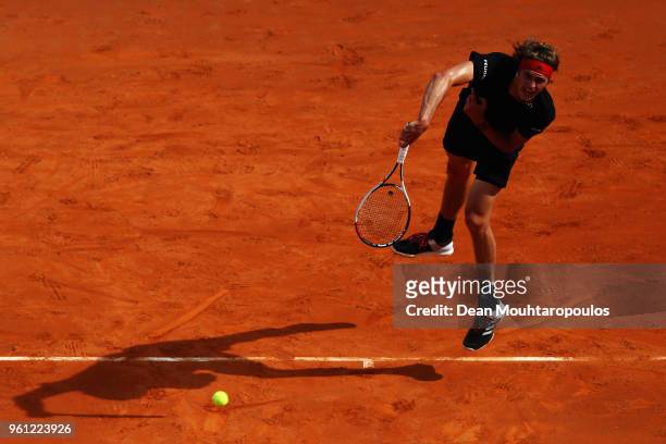 Alexander Zverev of Germany serves in his Mens Final match against Rafael Nadal of Spain during day 8 of the Internazionali BNL d'Italia 2018 tennis...