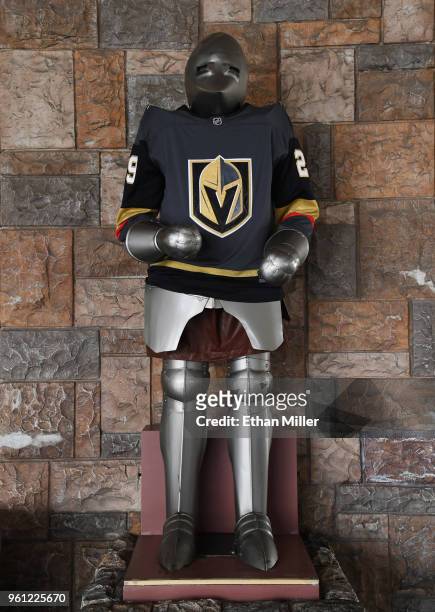 Knight at Excalibur Hotel & Casino wears a jersey of goaltender Marc-Andre Fleury of the Vegas Golden Knights the day after the team won the Western...