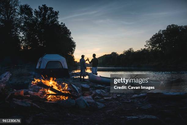 rear view of male friends toasting drinks while standing at campsite by lake during sunset - campfire stock pictures, royalty-free photos & images