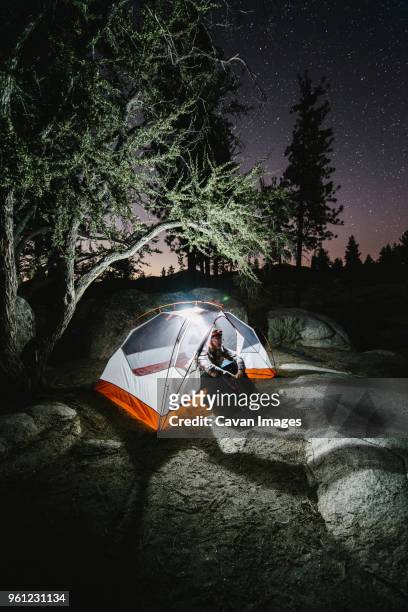 hiker sitting in illuminated tent on rock by trees at night - big bear lake stock pictures, royalty-free photos & images