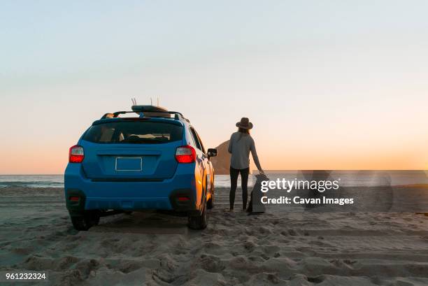 rear view of woman with dog standing by car at beach - tillamook county stock pictures, royalty-free photos & images