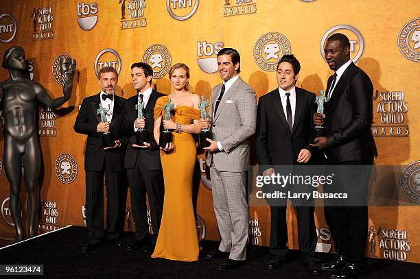 Actors Christoph Waltz, B.J. Novak, Diane Kruger, Eli Roth, Omar Doom and Jacky Ido pose in the Press Room at the TNT/TBS broadcast of the 16th...