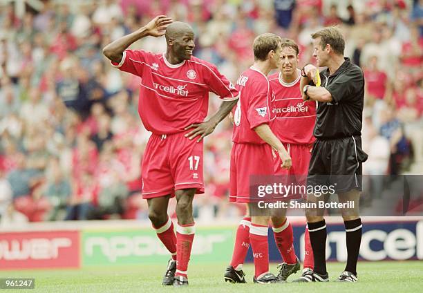 Ugo Ehiogu of Middlesbrough is sent off by referee Graham Barber during the FA Barclaycard Premiership match against Arsenal at the Riverside Stadium...