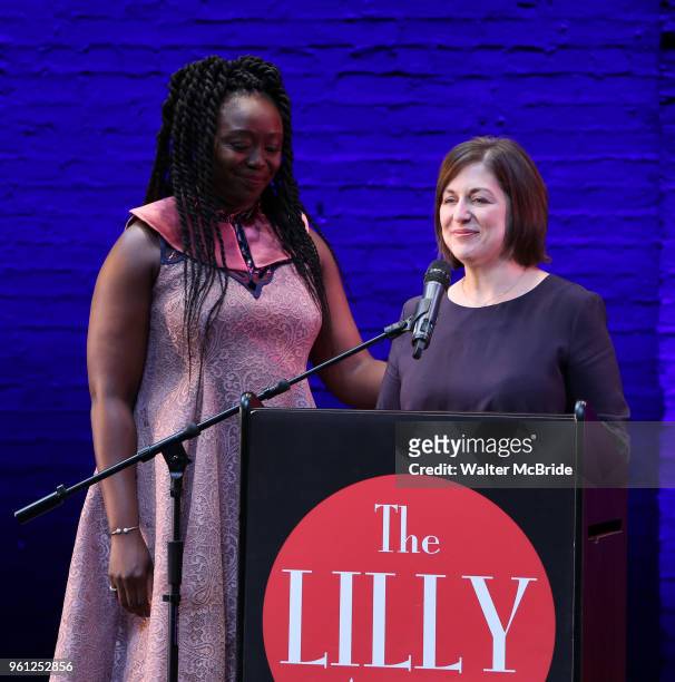 Jocelyn Bioh and Mandy Greenfield on stage during the 9th Annual LILLY Awards at the Minetta Lane Theatre on May 21,2018 in New York City.
