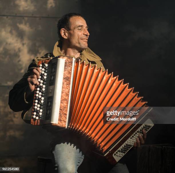 artista retrô alegre tocando acordeão - accordion - fotografias e filmes do acervo