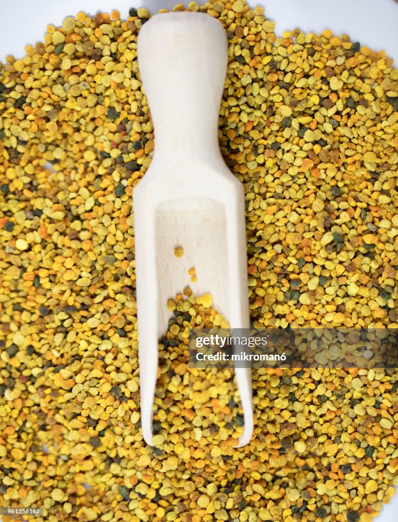 Raw organic bee pollen. Bee pollen granules. Apitherapy