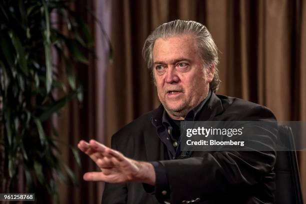 Steve Bannon, former chairman of Breitbart News Network LLC and former Trump political strategist, gestures as he speaks during a Bloomberg...