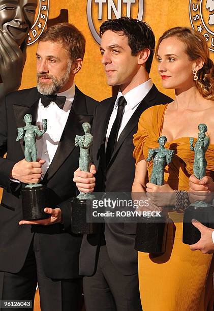 Actors Christoph Waltz, B.J. Novak and actress Diane Kruger pose with their trophies for Outstanding Performance by a Cast in a Motion Picture in...