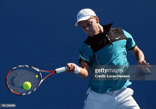James Duckworth of Australia plays a forehand in his first round juniors match against Robert Rumler of Czech Republic during day seven of the 2010...