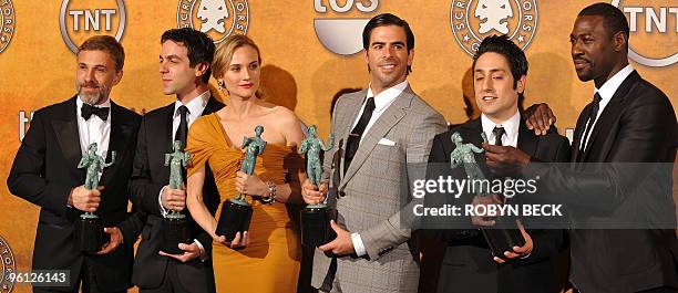 Actors Christoph Waltz, B.J. Novak, actress Diane Kruger, actors Eli Roth, Omar Doom and Jacky Ido pose with their trophies for Outstanding...