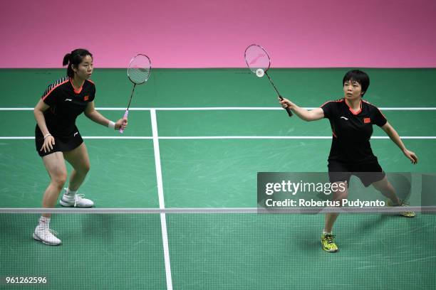 Chen Qingchen and Jia Yifan of China compete against Yea Ching Goh and Soong Fie Cho of Malaysia during Preliminary Round on day three of the BWF...