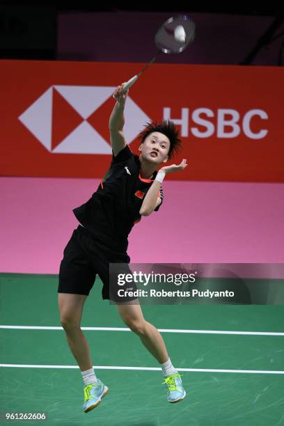 Chen Yufei of China competes against Soniia Cheah of Malaysia during Preliminary Round on day three of the BWF Thomas & Uber Cup at Impact Arena on...