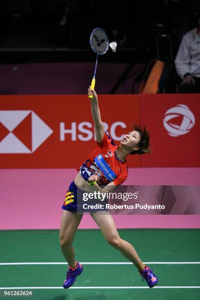 Soniia Cheah of Malaysia competes against Chen Yufei of China during Preliminary Round on day three of the BWF Thomas & Uber Cup at Impact Arena on...