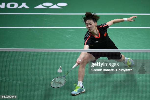Chen Yufei of China competes against Soniia Cheah of Malaysia during Preliminary Round on day three of the BWF Thomas & Uber Cup at Impact Arena on...