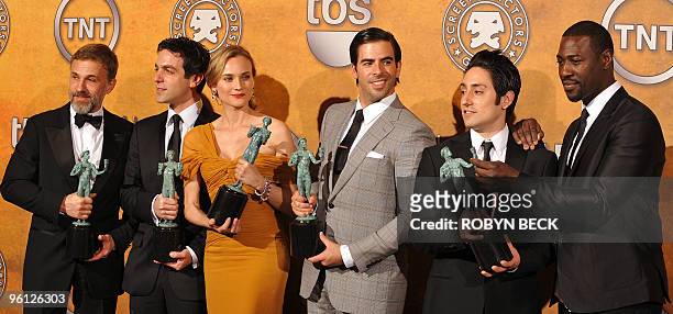 Actors Christoph Waltz, B.J. Novak, actress Diane Kruger, actors Eli Roth, Omar Doom and Jacky Ido pose with their trophies for Outstanding...