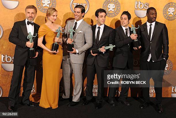 Actors Christoph Waltz, actress Diane Kruger, actors Eli Roth, B.J. Novak, Omar Doom and Jacky Ido pose with their trophies for Outstanding...