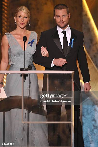 Actors Christina Applegate and Chris O'Donnell onstage at the TNT/TBS broadcast of the 16th Annual Screen Actors Guild Awards held at the Shrine...