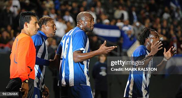 Honduran players appeal a decision during their teams international friendly clash against the US at the Home Depot Center Stadium in Los Angeles on...