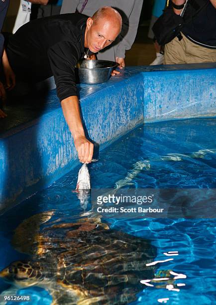 Nikolay Davydenko of Russia feeds a turtle during a visit to Melbourne Aquarium on day seven of the 2010 Australian Open on January 24, 2010 in...