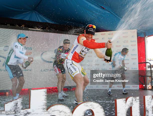 Andre Greipel of Germany riding for Team HTC Columbia sprays champagne after winning the 2010 Tour Down Under January 24, 2010 in Adelaide, Australia.