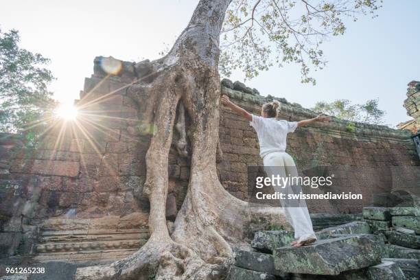 brazos de la joven extendidos en el antiguo templo cerca de raíces de los árboles majestuosos - banteay kdei fotografías e imágenes de stock