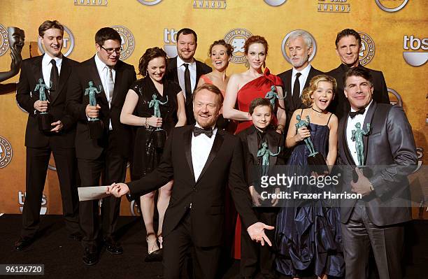 The cast of 'Mad Men' pose with the Ensemble In A Drama Series award in the press room at the 16th Annual Screen Actors Guild Awards held at the...