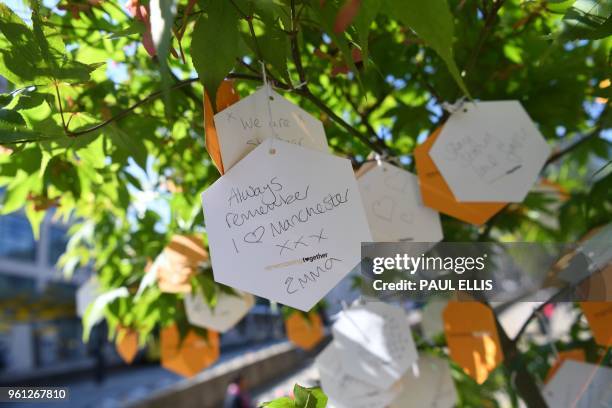 Messages of support are hung from a 'tree of hope' planted as a memorial following the Manchester Arena bombing in central Manchester on May 22 the...