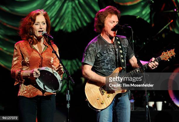 Bonnie Raitt and Tom Johnston of The Doobie Brothers perform as part of the Tribute to the life of Norton Buffalo at the Fox Theatre on January 22,...