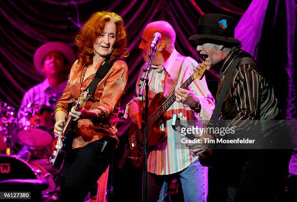Bonnie Raitt and Roy Rogers perform as part of the Tribute to the life of Norton Buffalo at the Fox Theatre on January 22, 2010 in Oakland,...