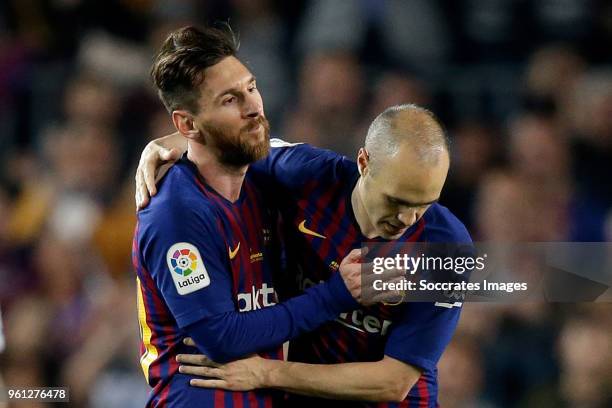 Lionel Messi of FC Barcelona, Andries Iniesta of FC Barcelona during the La Liga Santander match between FC Barcelona v Real Sociedad at the Camp Nou...