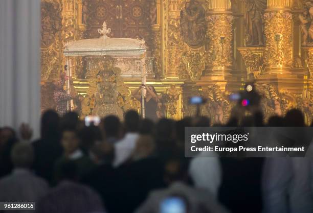 Pilgrims gather around the statue of the Rocio Virgin during the procession in the village of El Rocio on May 21, 2018 in El Rocio, Spain. El Rocio...