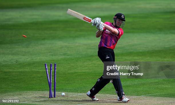 Luke Wells of Sussex is bowled by Craig Overton of Somerset during the Royal London One-Day Cup match between Somerset and Sussex at The Cooper...