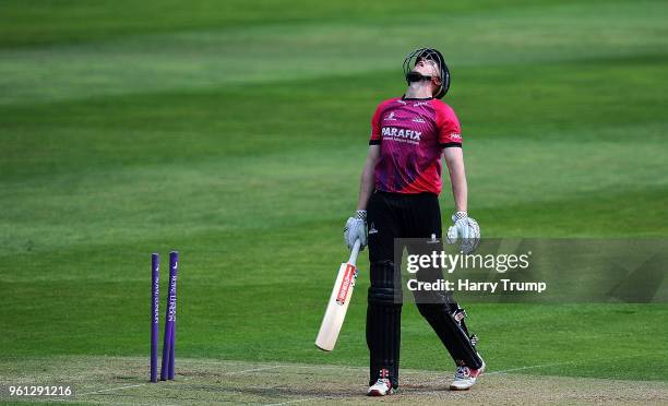 Luke Wells of Sussex reacts after being bowled during the Royal London One-Day Cup match between Somerset and Sussex at The Cooper Associates County...