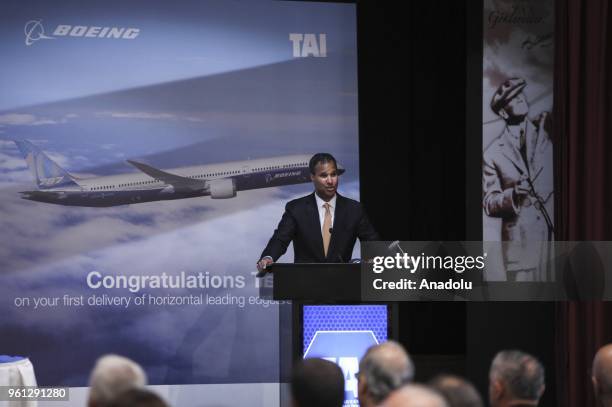 General Manager of Boeing International Marc Allen makes a speech during a signing ceremony between Boeing and Turkish Aerospace Industries Inc. For...