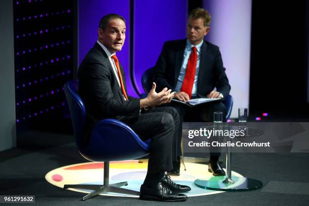 Host James Pearce and David Grevemberg CEO Commonwealth Games Federation chat to the audience during the Sport Industry Breakfast Club at BT Centre...