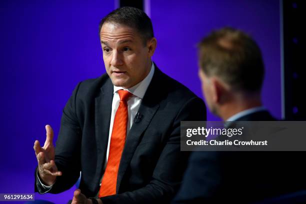 David Grevemberg CEO Commonwealth Games Federation chats to the audience during the Sport Industry Breakfast Club at BT Centre on May 22, 2018 in...