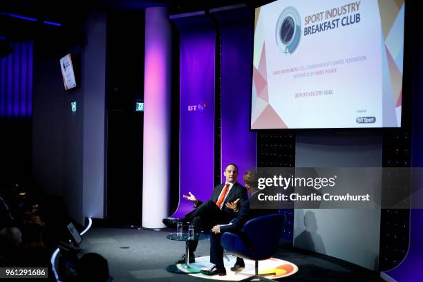 Host James Pearce and David Grevemberg CEO Commonwealth Games Federation chat to the audience during the Sport Industry Breakfast Club at BT Centre...