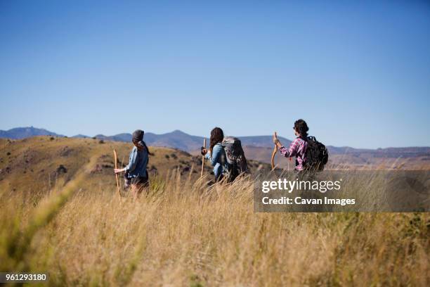 rear view of friends walking on field against clear sky - marfa stock pictures, royalty-free photos & images