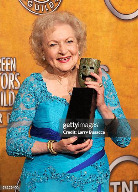 Actress Betty White poses in the Press Room at the TNT/TBS broadcast of the 16th Annual Screen Actors Guild Awards at the Shrine Auditorium on...