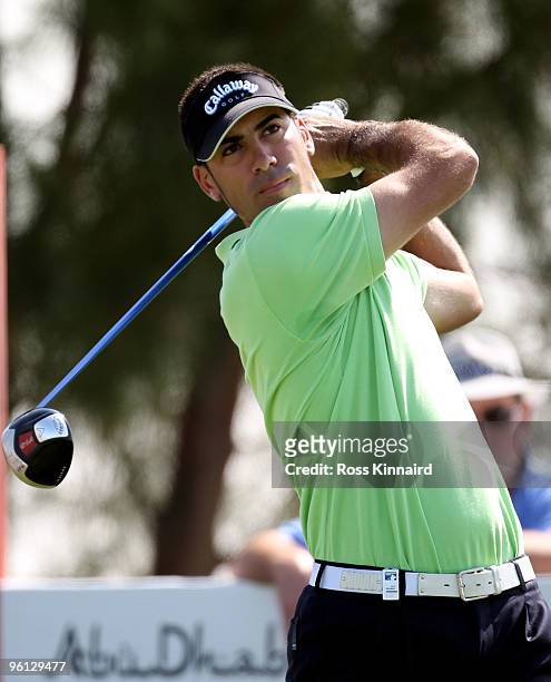 Alvaro Quiros of Spain on the par 5th tee during the final round of the Abu Dhabi Golf Championship at the Abu Dhabi Golf Club on January 24, 2010 in...