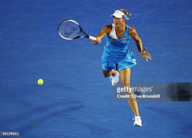 Yanina Wickmayer of Belgium plays a forehand in her fourth round match against Justine Henin of Belgium during day seven of the 2010 Australian Open...