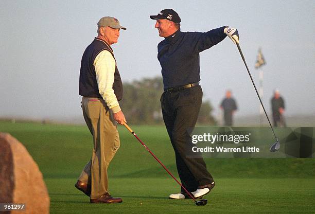 Cricket legend Ian Botham shares a joke with Wayne Huizenga during the Dunhill Links Championships held at Kingsbarns, Carnoustie, and St Andrews, in...