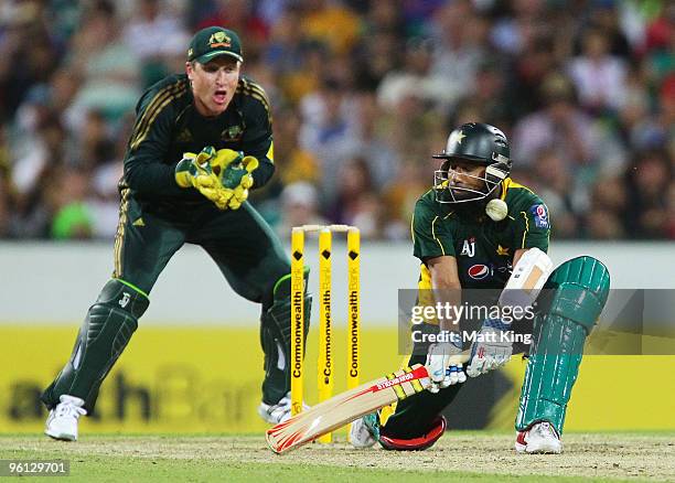 Mohammad Yousuf of Pakistan plays a reverse sweep shot during the second One Day International match between Australia and Pakistan at the Sydney...