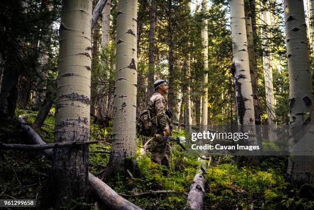 side view of hunter with bow and arrow in forest - bow hunting stock pictures, royalty-free photos & images