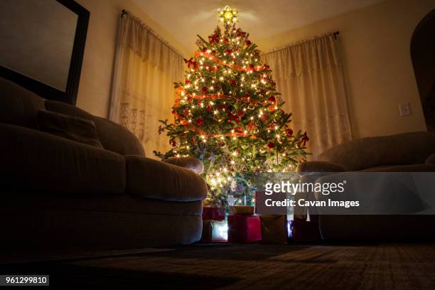 low angel view of illuminated christmas tree at home - christmas tree home stock-fotos und bilder