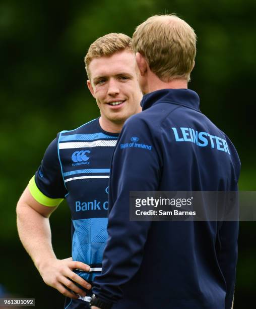 Dublin , Ireland - 22 May 2018; Dan Leavy, left, and Leinster head coach Leo Cullen in conversation during Leinster Rugby squad training at UCD in...